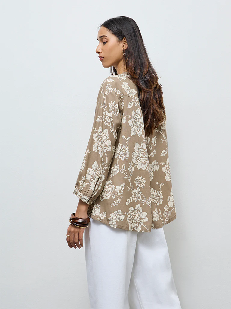 Utsa Taupe Floral Design Tunic - Image 4