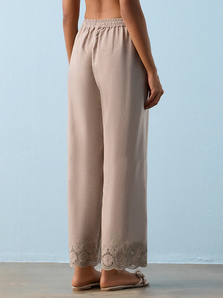 Utsa Taupe Floral Embroidered Pants - Image 4
