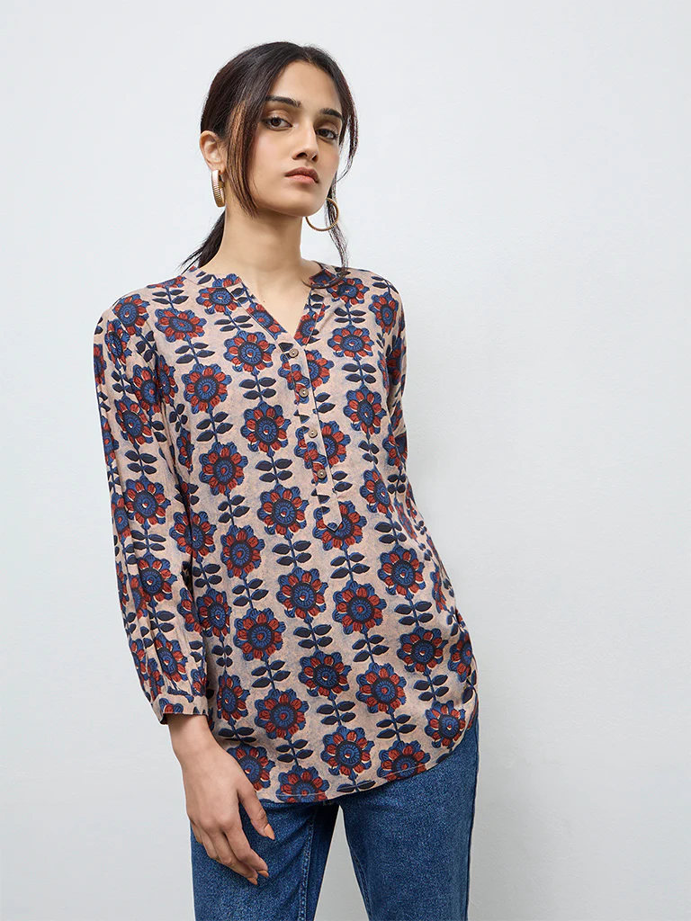 Utsa Taupe Foliage Design Tunic - Image 2