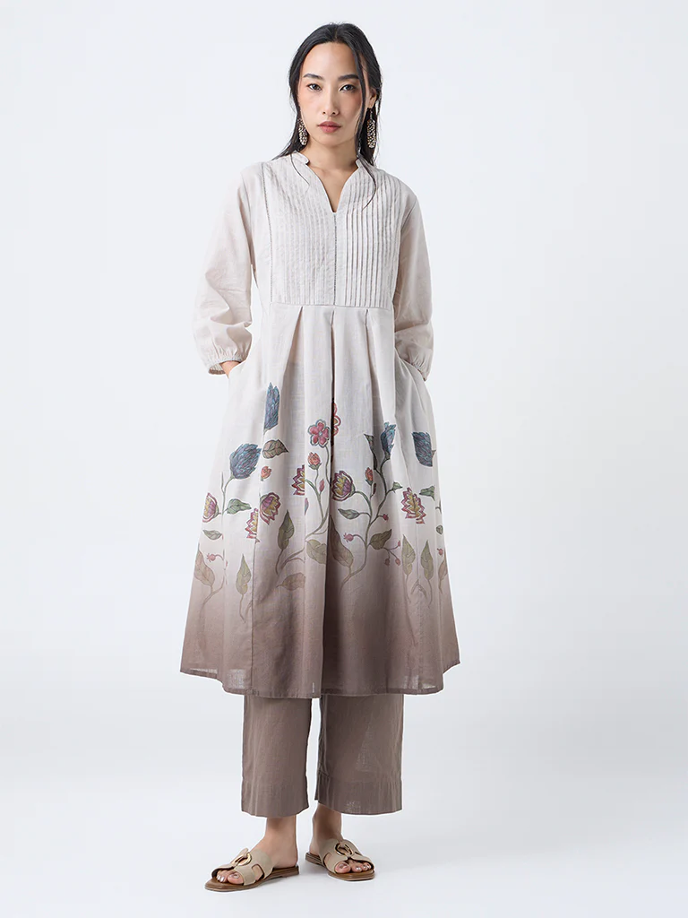 Utsa Taupe Foliage Printed Fit-and-Flare Cotton Kurta