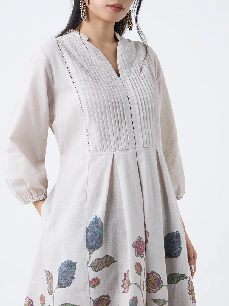 Utsa Taupe Foliage Printed Fit-and-Flare Cotton Kurta - Image 3