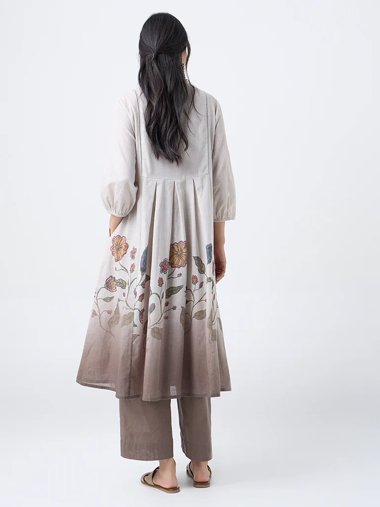 Utsa Taupe Foliage Printed Fit-and-Flare Cotton Kurta - Image 4