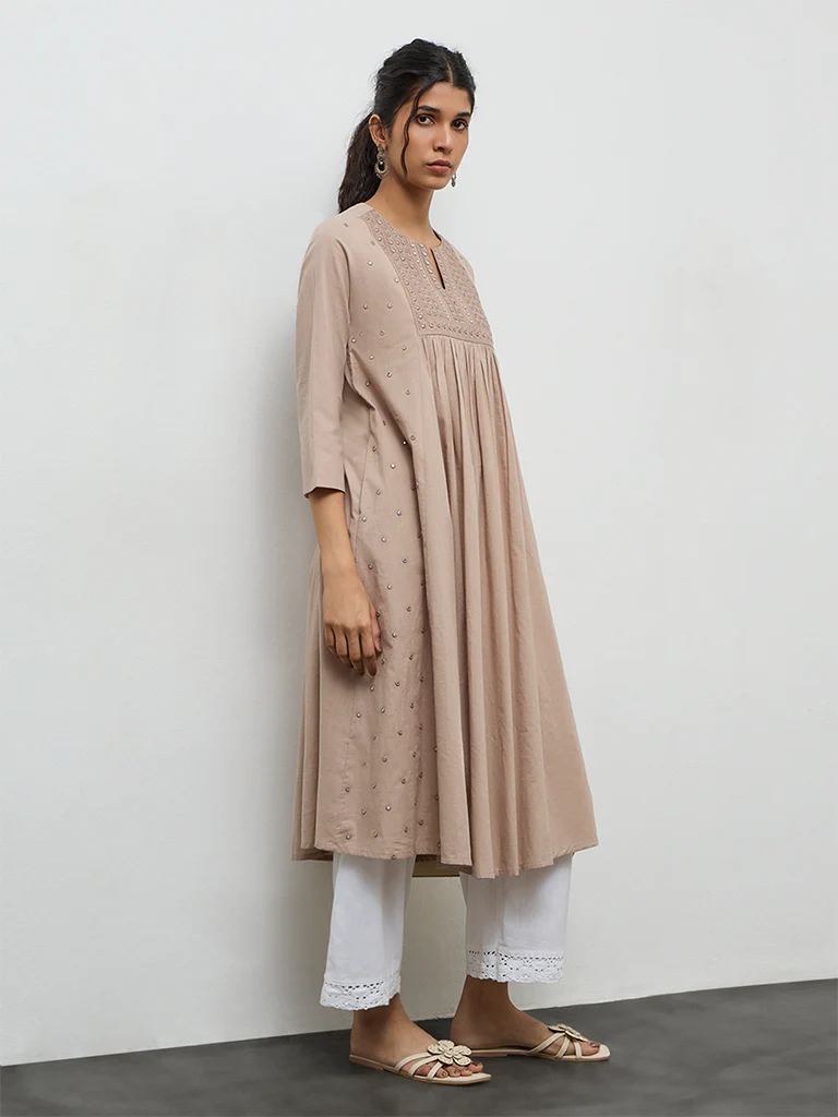 Utsa Taupe Mirror-Work Cotton A-Line Kurta - Image 2