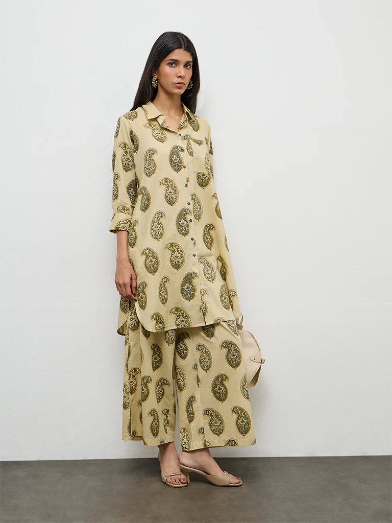 Utsa Taupe Paisley Printed Cotton A-Line Kurta - Image 2