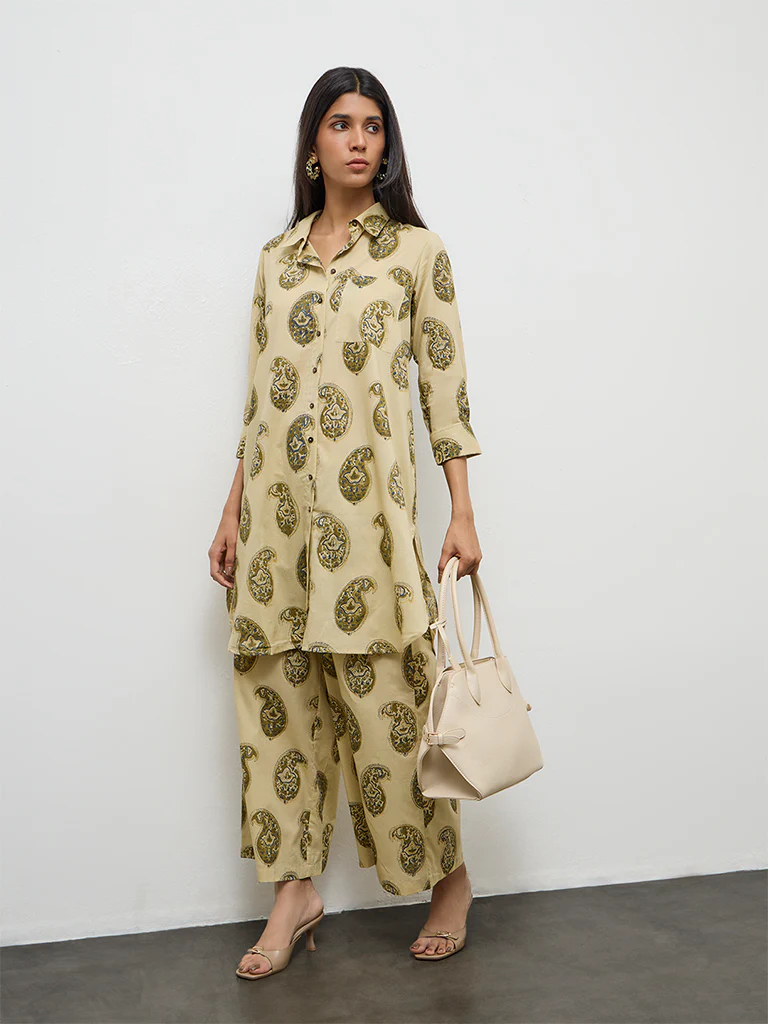 Utsa Taupe Paisley Printed Cotton Pants - Image 2