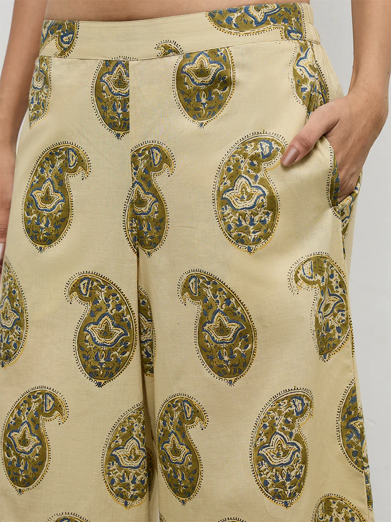 Utsa Taupe Paisley Printed Cotton Pants - Image 3