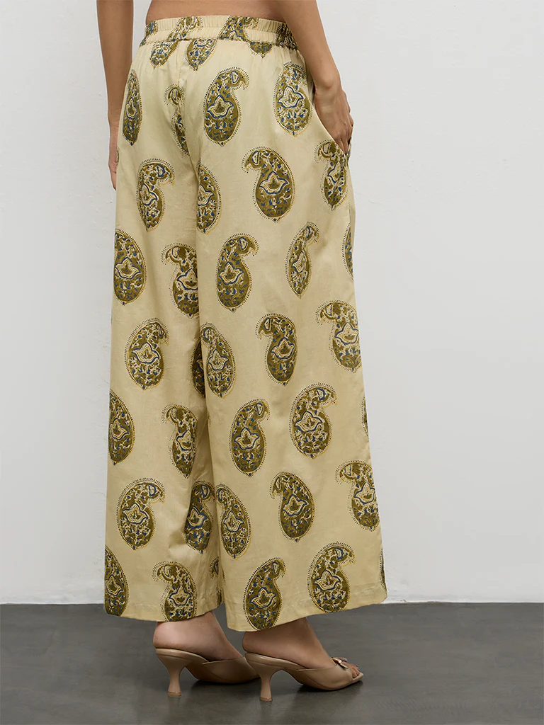 Utsa Taupe Paisley Printed Cotton Pants - Image 4