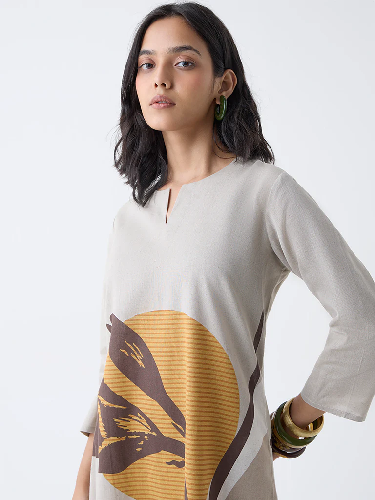 Utsa Taupe Printed A-Line Cotton-Blend Kurta - Image 3