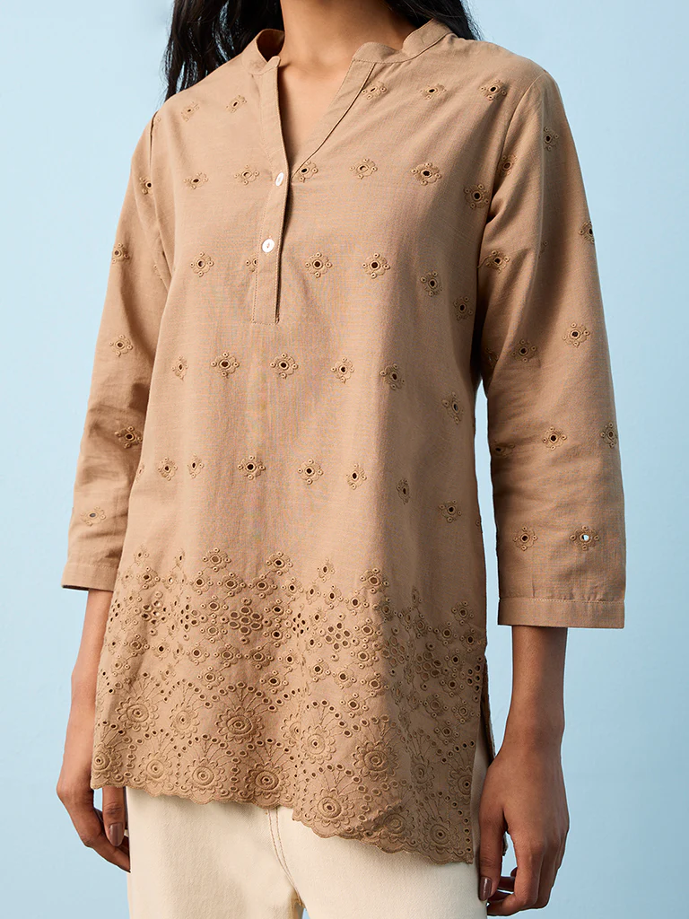 Utsa Taupe Schiffli Embroidered Cotton Straight Kurti - Image 3