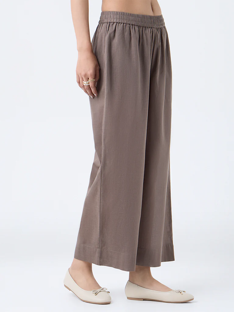 Utsa Taupe Solid Cotton Ethnic Pants