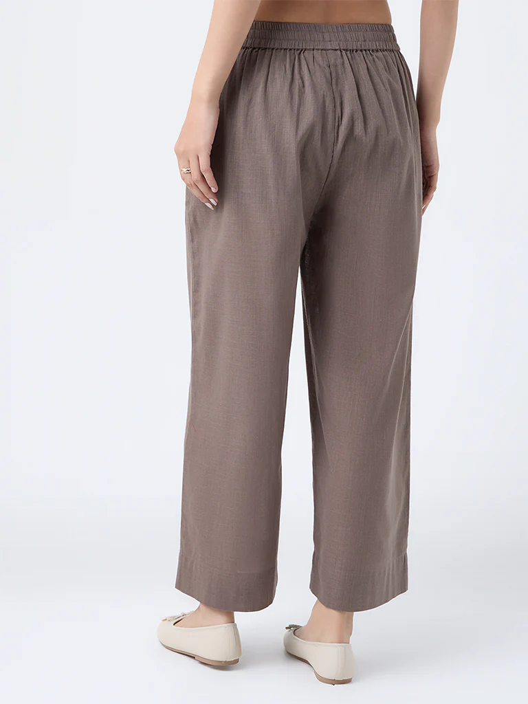 Utsa Taupe Solid Cotton Ethnic Pants - Image 4