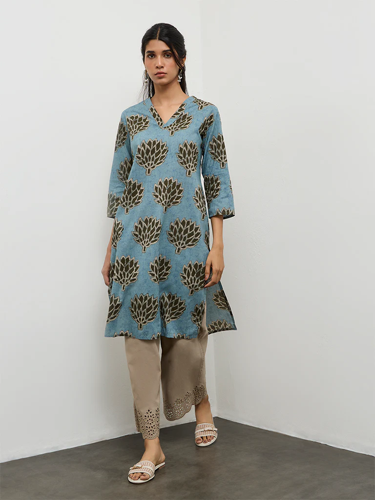Utsa Teal Botanical Pattern Cotton Straight Kurta - Image 2