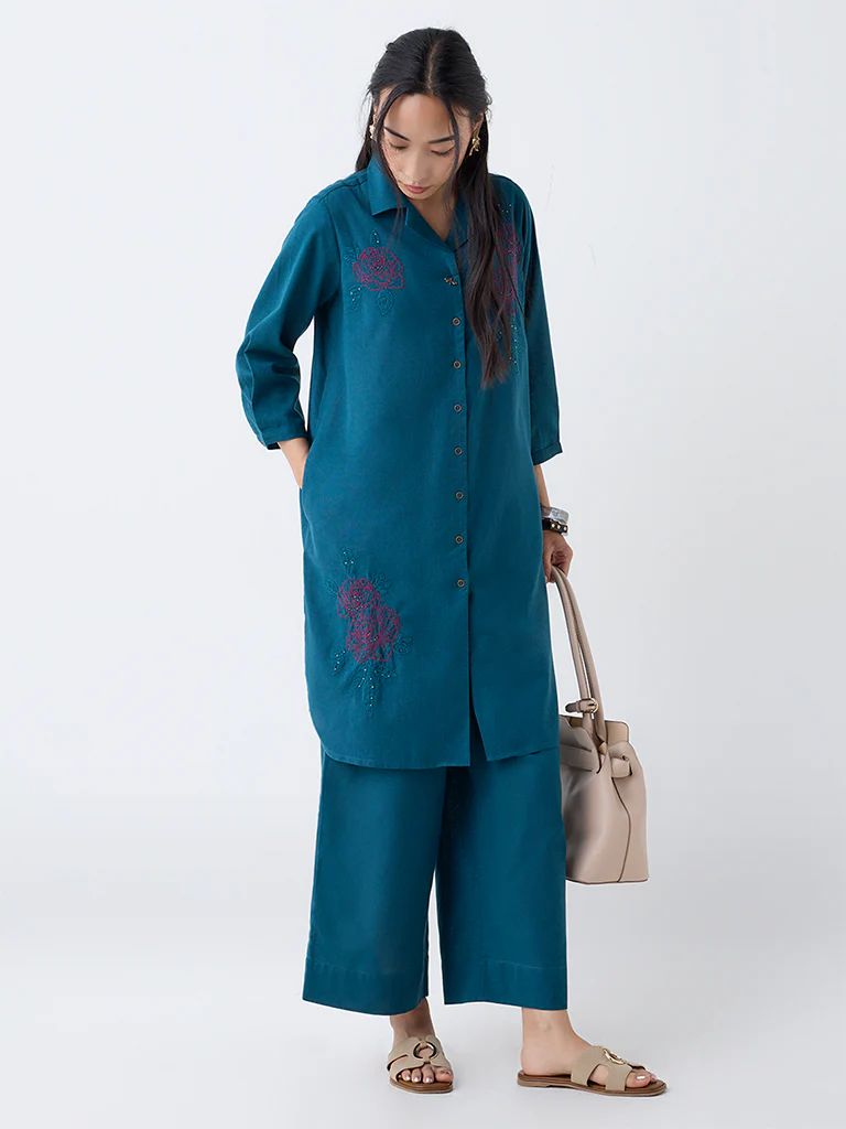 Utsa Teal Cotton-Blend Ethnic Pants - Image 2