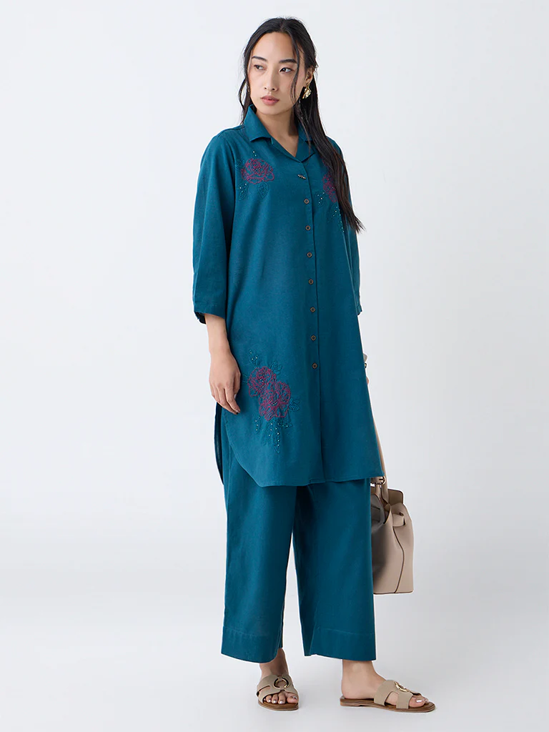 Utsa Teal Floral Embroidered Cotton-Blend A-Line Kurta - Image 2