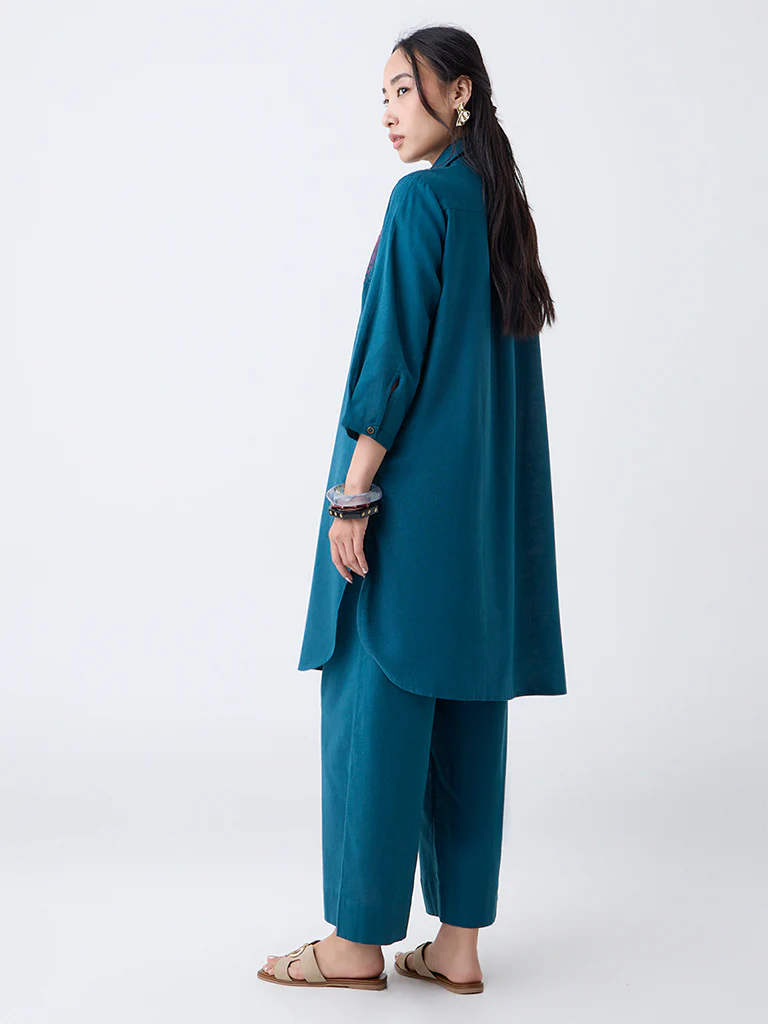 Utsa Teal Floral Embroidered Cotton-Blend A-Line Kurta - Image 4