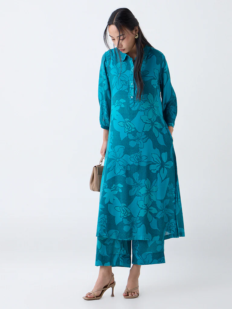 Utsa Teal Floral Pattern Cotton Ethnic Pants - Image 2