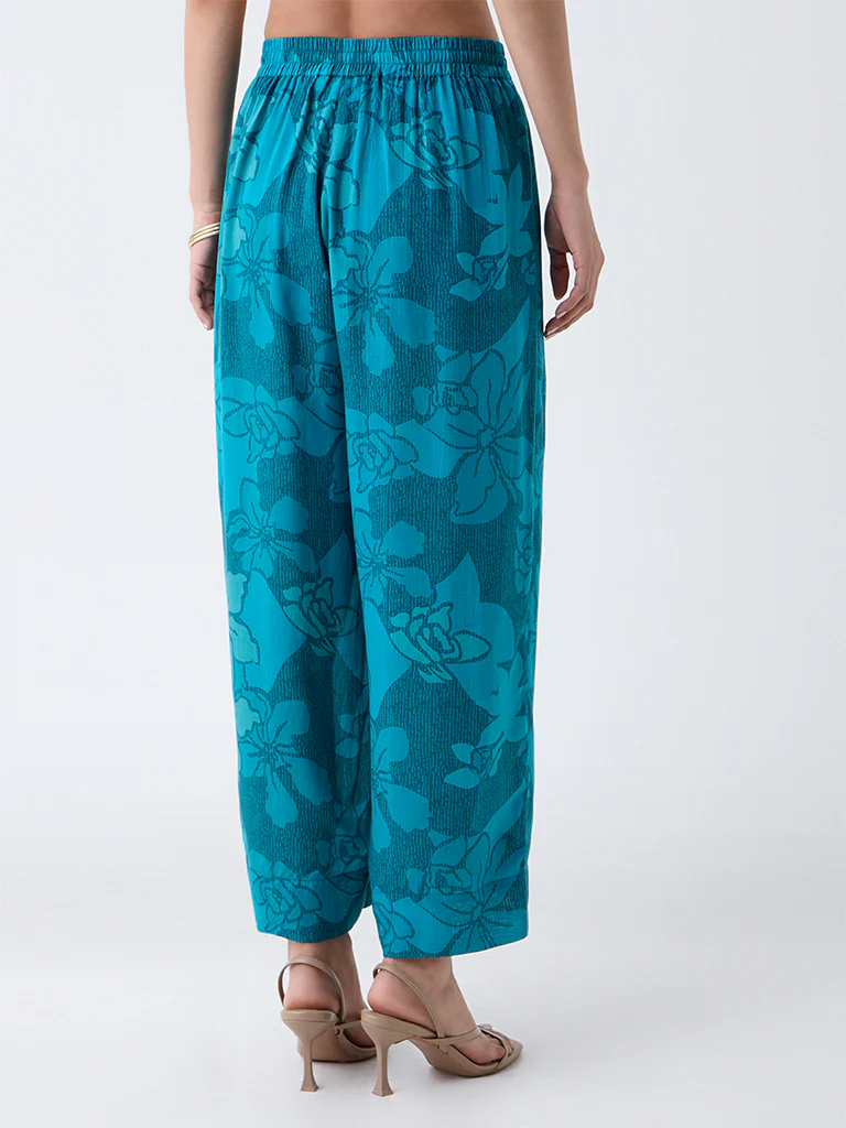 Utsa Teal Floral Pattern Cotton Ethnic Pants - Image 4