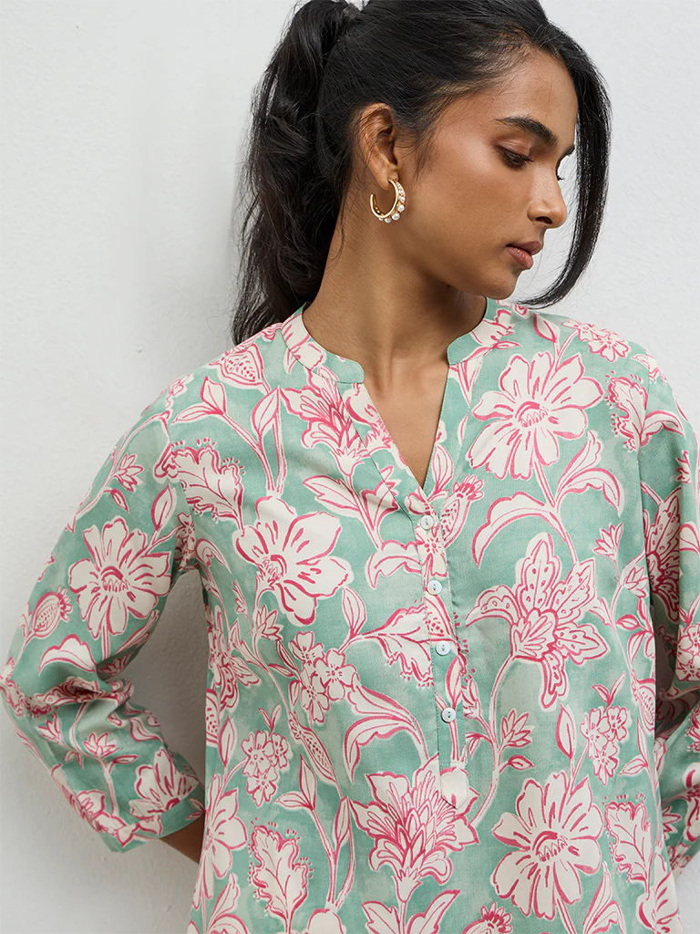 Utsa Teal Floral Printed Tunic - Image 3