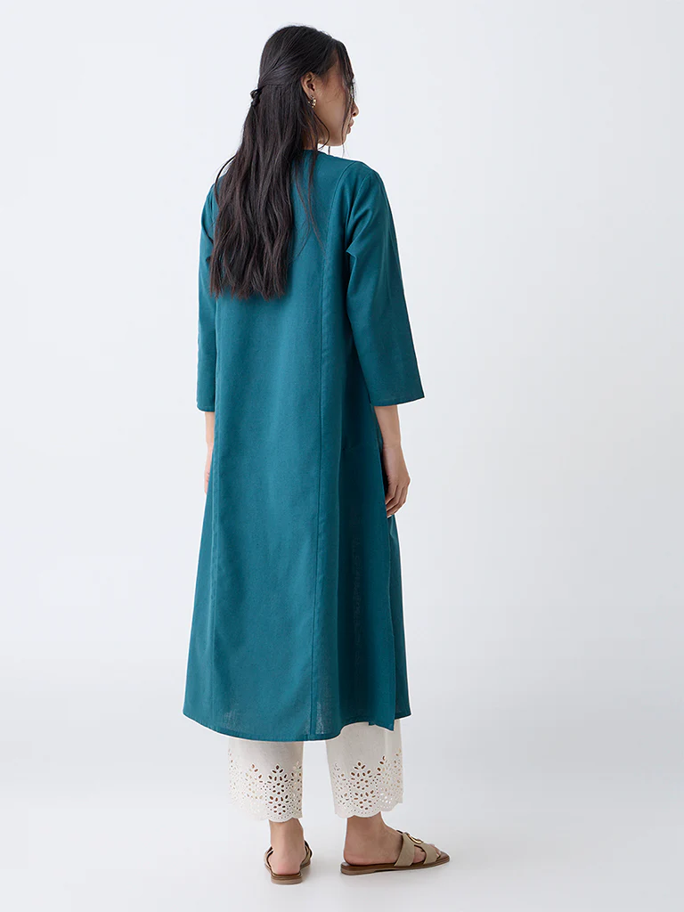 Utsa Teal Paisley Embroidered Cotton-Blend A-Line Kurta - Image 4