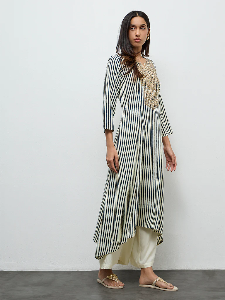 Utsa Teal Striped A-Line Kurta - Image 2