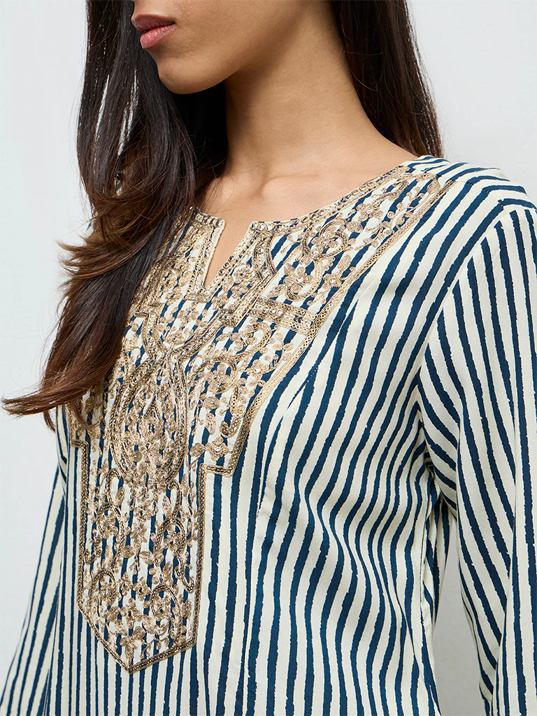 Utsa Teal Striped A-Line Kurta - Image 3