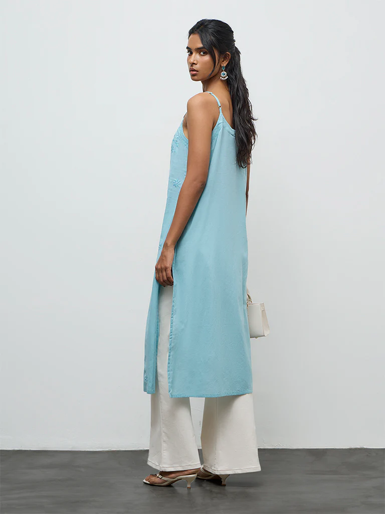 Utsa Turquoise Floral Embroidered A-Line Cotton Kurta - Image 4