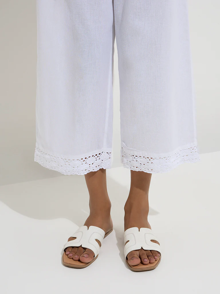Utsa White Crochet-Detailed Cotton Ethnic Pants  - Image 3
