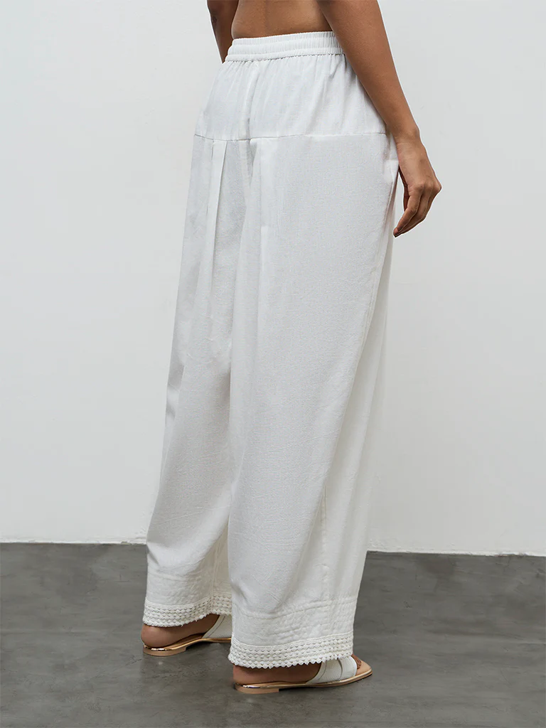 Utsa White Embroidered Cotton-Blend Farshi Pants - Image 4