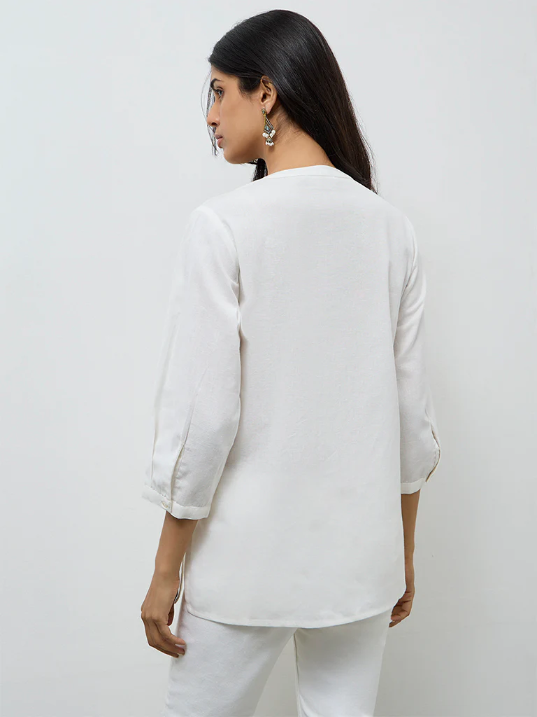 Utsa White Embroidered Cotton-Blend Tunic - Image 4