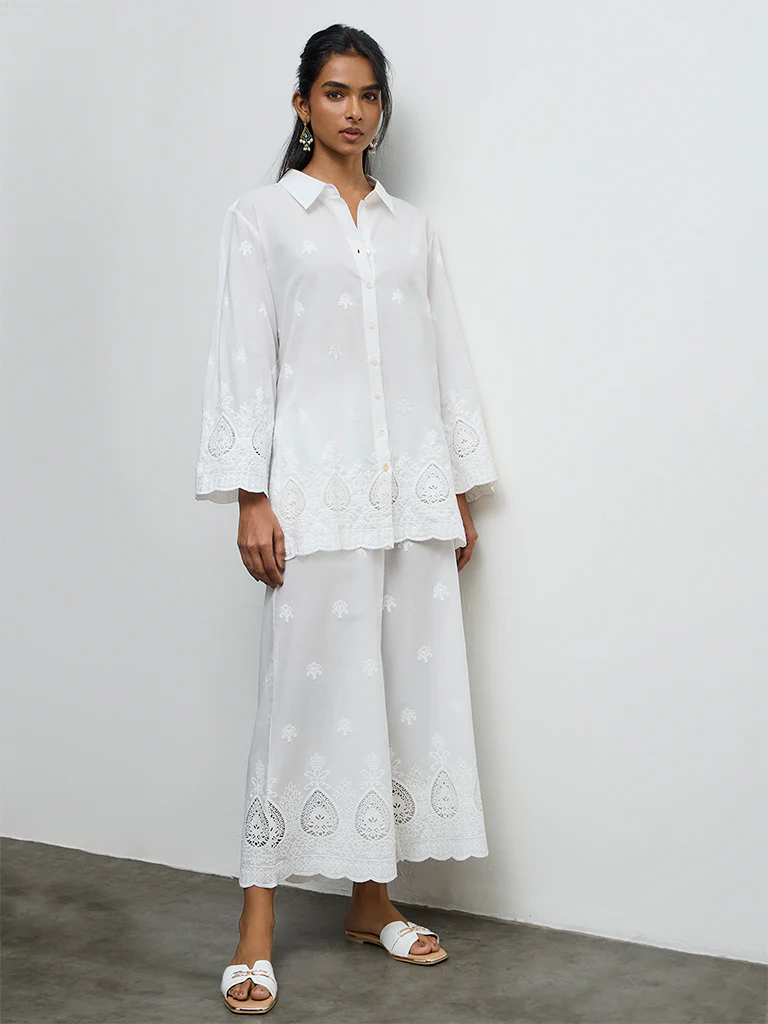 Utsa White Embroidered Cotton Schiffli Palazzos - Image 2