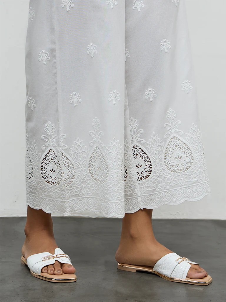 Utsa White Embroidered Cotton Schiffli Palazzos - Image 3