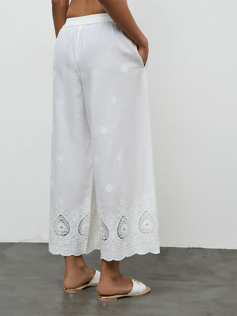 Utsa White Embroidered Cotton Schiffli Palazzos - Image 4