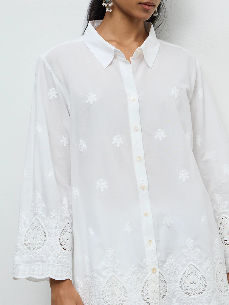 Utsa White Embroidered Cotton Schiffli Shirt - Image 3