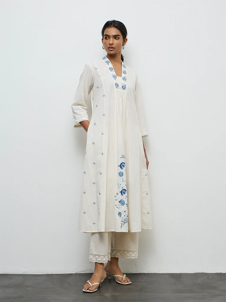 Utsa White Floral Embroidered A-Line Cotton Kurta