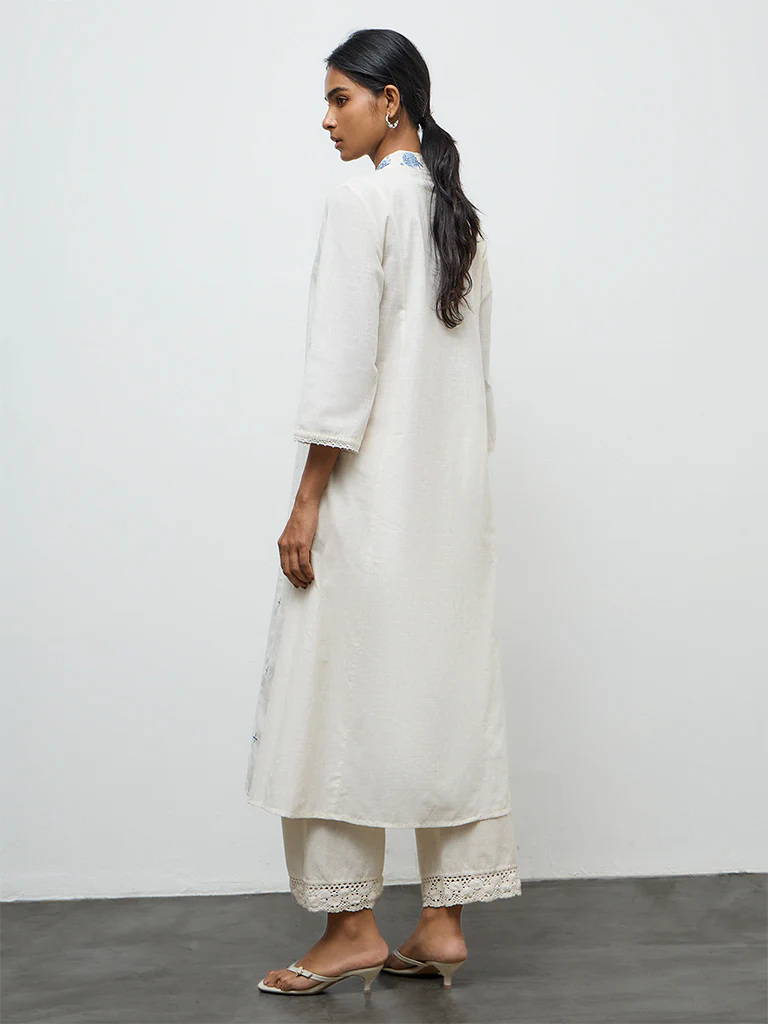 Utsa White Floral Embroidered A-Line Cotton Kurta - Image 4