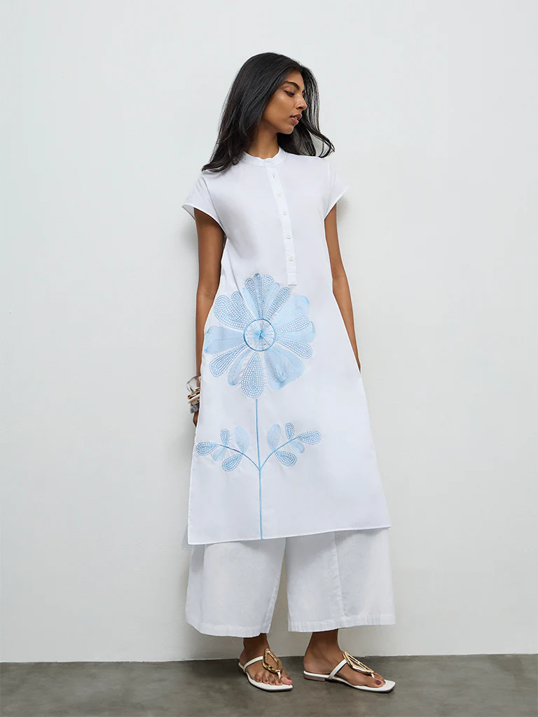 Utsa White Floral Embroidered Cotton A-Line Kurta