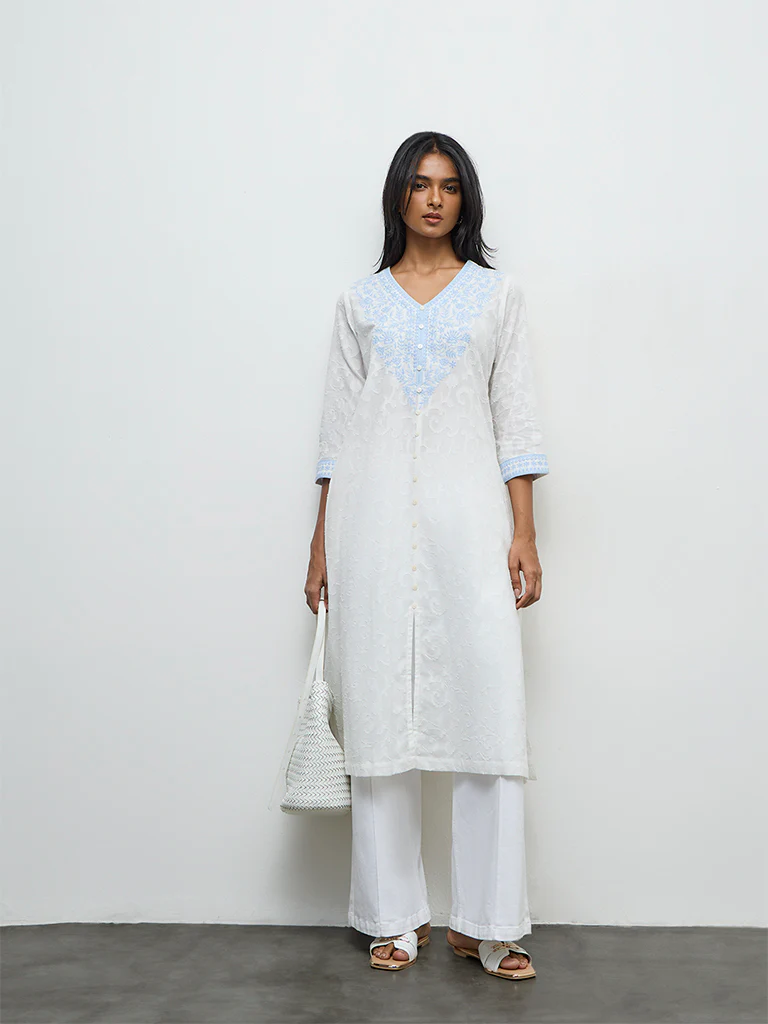 Utsa White Floral Embroidered Cotton A-Line Kurta - Image 2