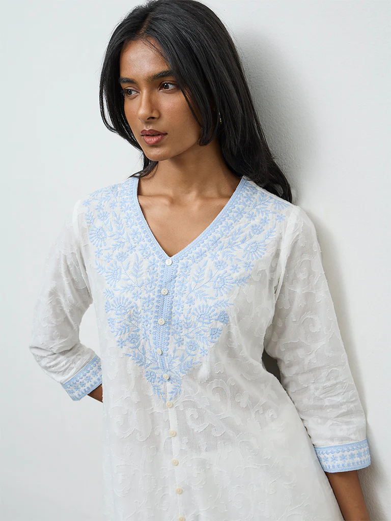 Utsa White Floral Embroidered Cotton A-Line Kurta - Image 3