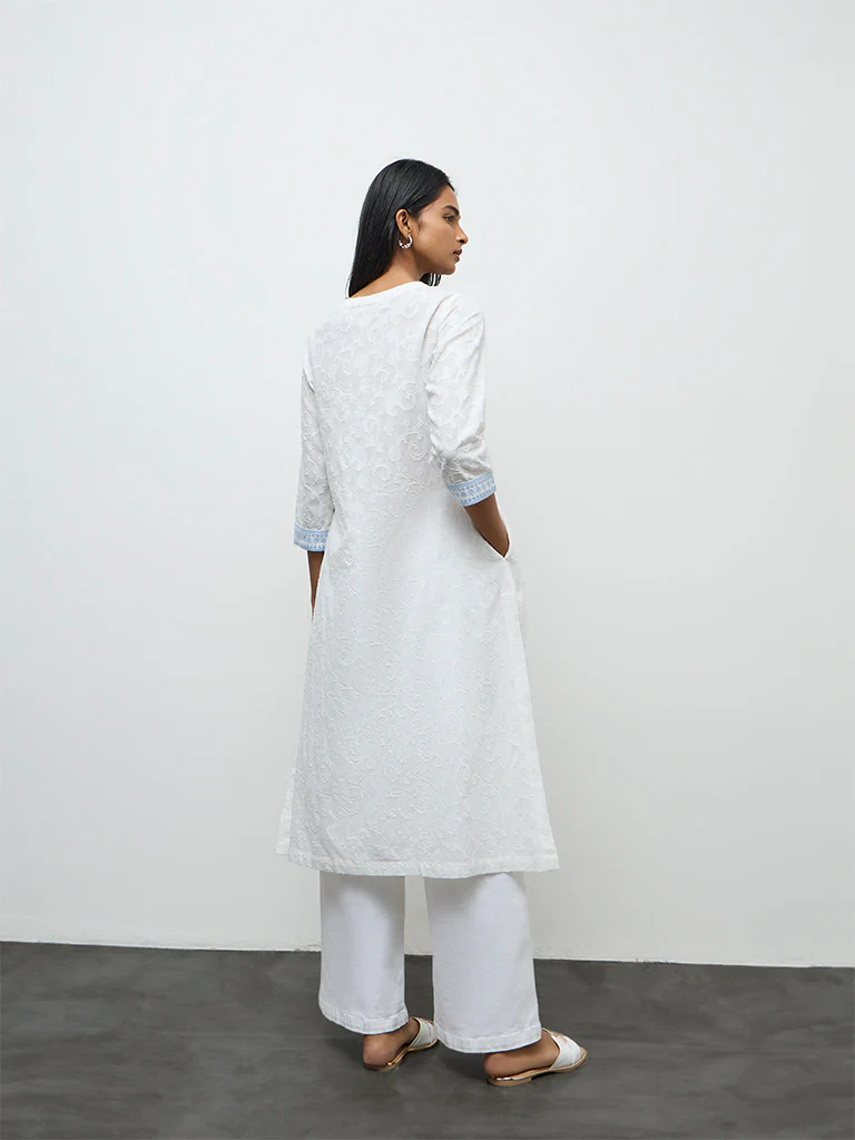 Utsa White Floral Embroidered Cotton A-Line Kurta - Image 4