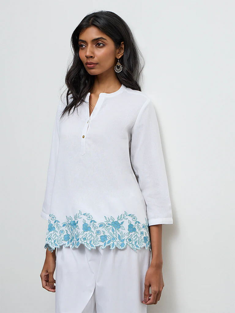 Utsa White Floral Embroidered Cotton-Blend Tunic