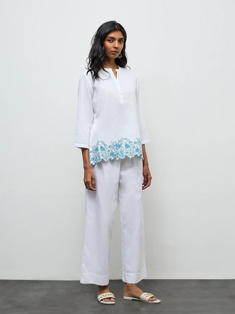 Utsa White Floral Embroidered Cotton-Blend Tunic - Image 2