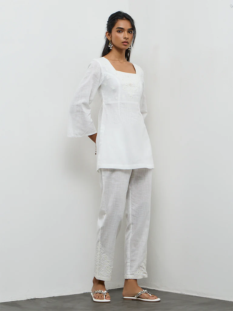 Utsa White Floral Embroidered Cotton Kurti - Image 2