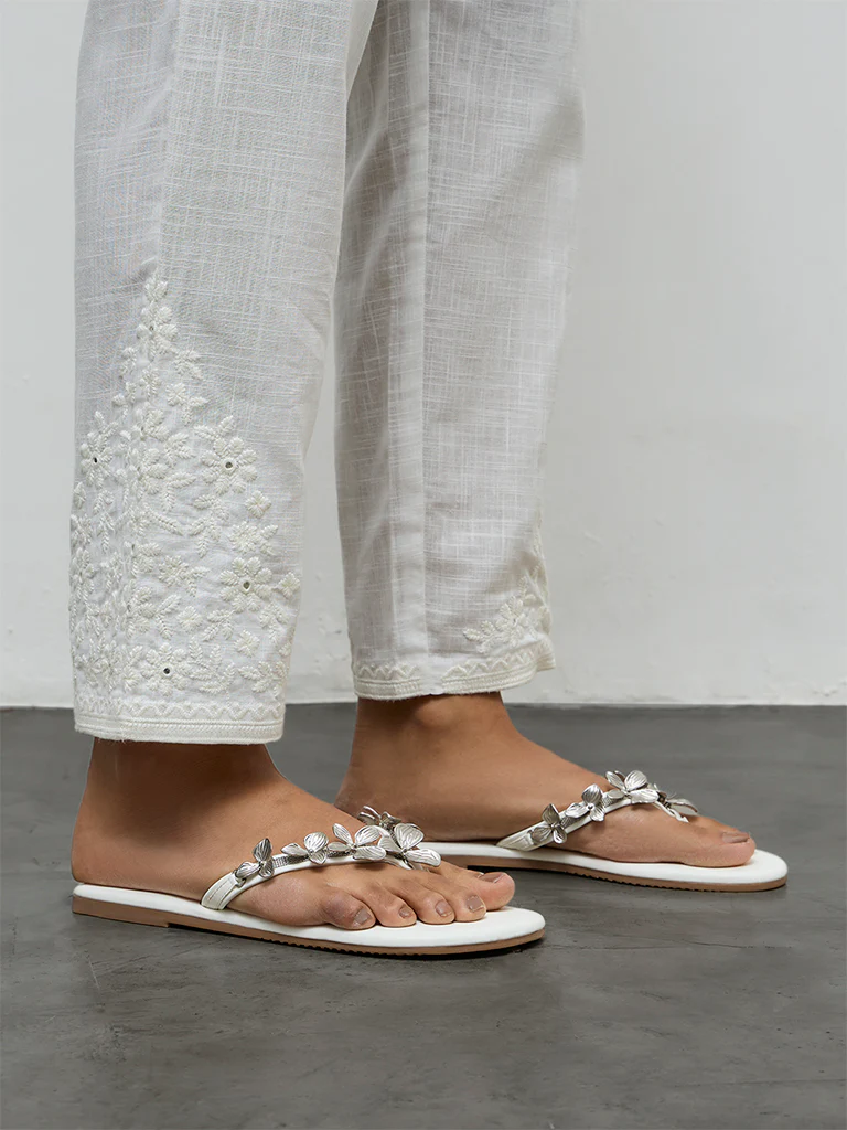 Utsa White Floral Embroidered Cotton Slim Pants - Image 3