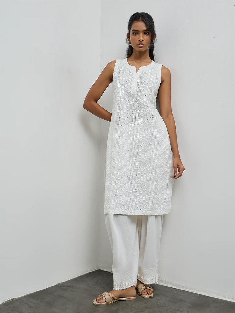 Utsa White Floral Embroidered Cotton Straight Kurta - Image 2