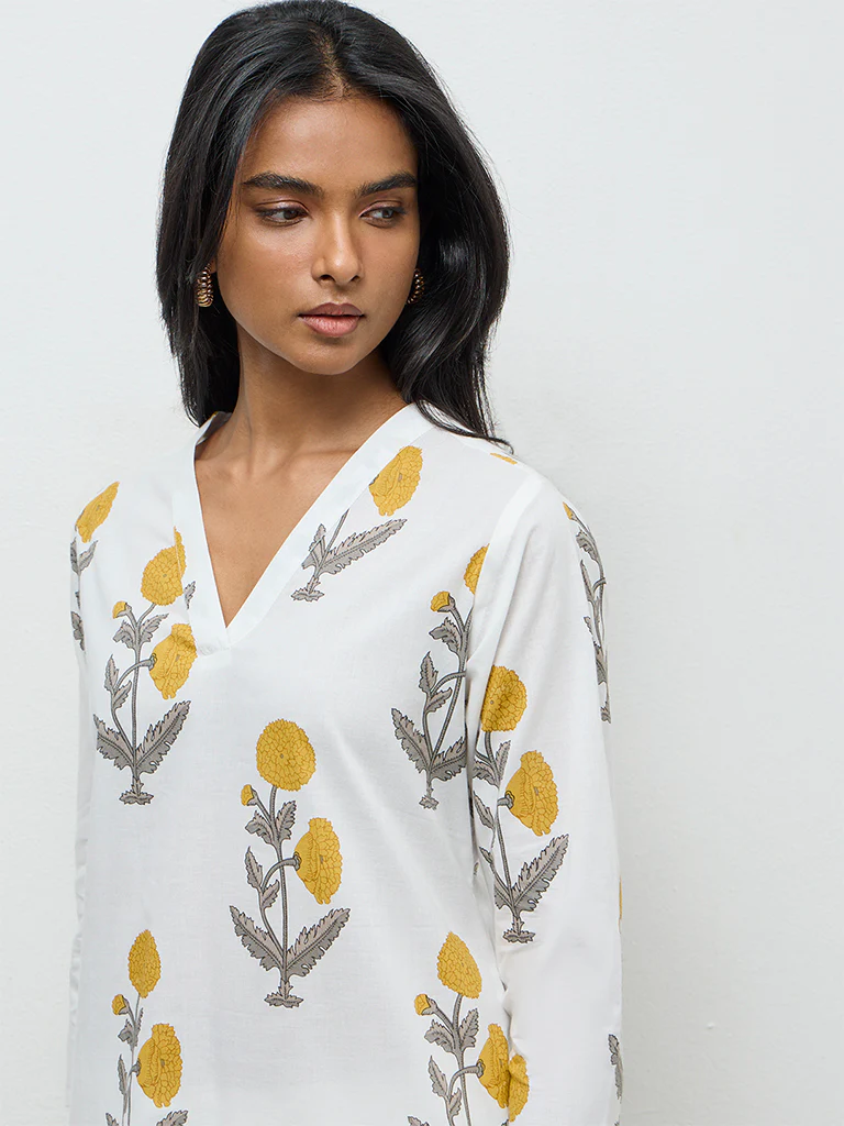 Utsa White Floral Pattern Cotton Straight Kurta - Image 3