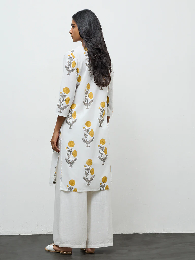 Utsa White Floral Pattern Cotton Straight Kurta - Image 4