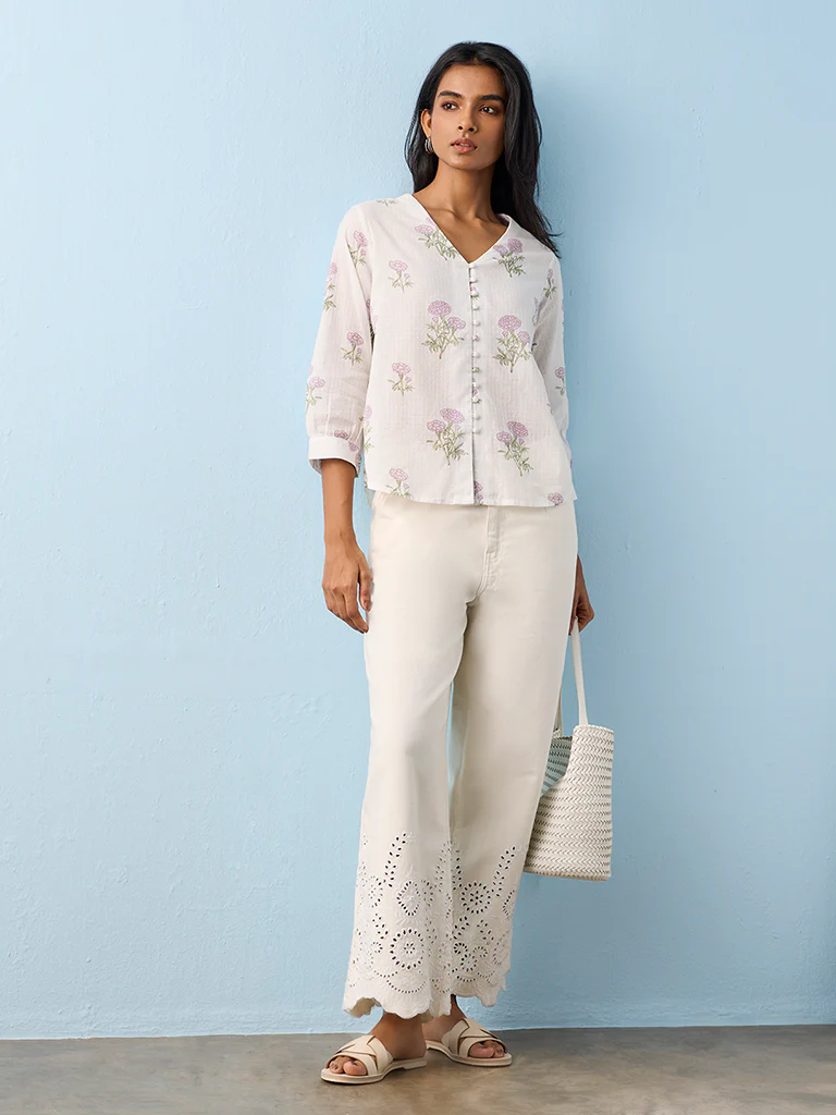 Utsa White Floral Pattern Cotton Tunic