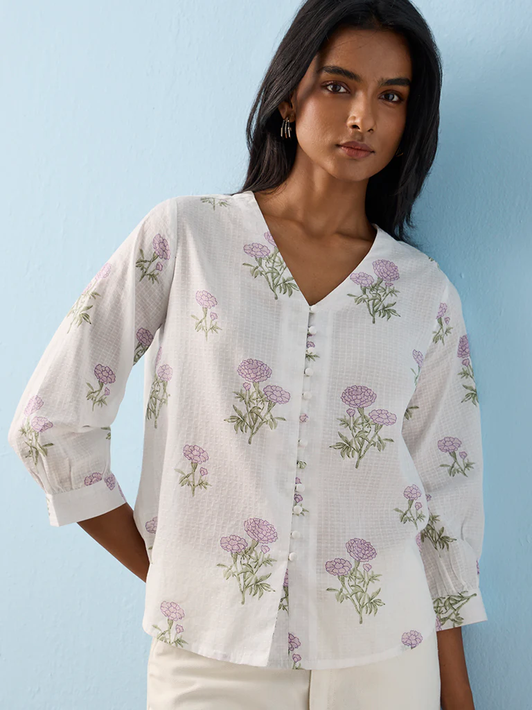 Utsa White Floral Pattern Cotton Tunic - Image 3