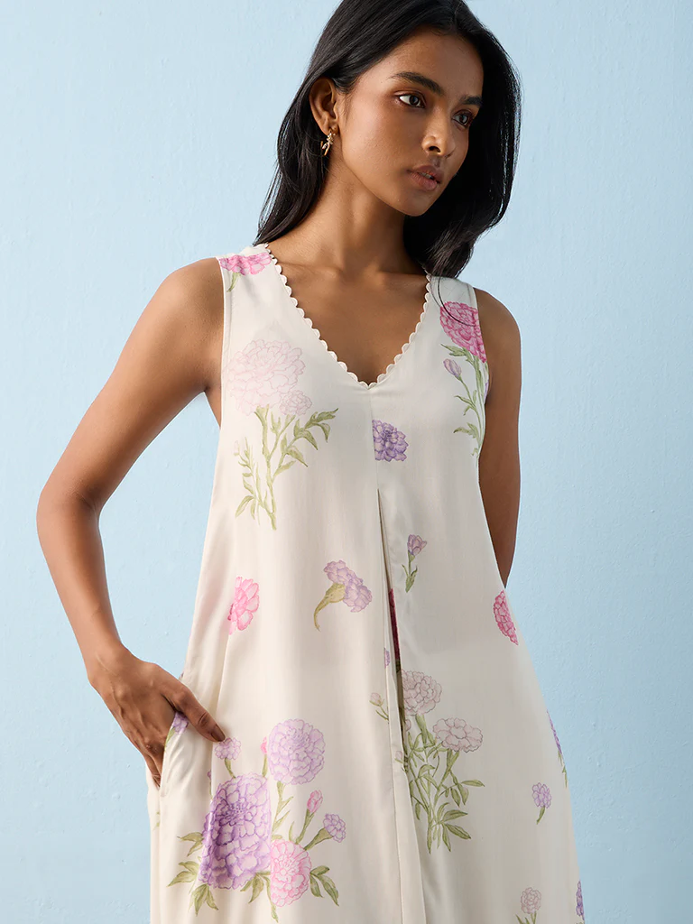 Utsa White Floral Printed A-Line Kurta - Image 3