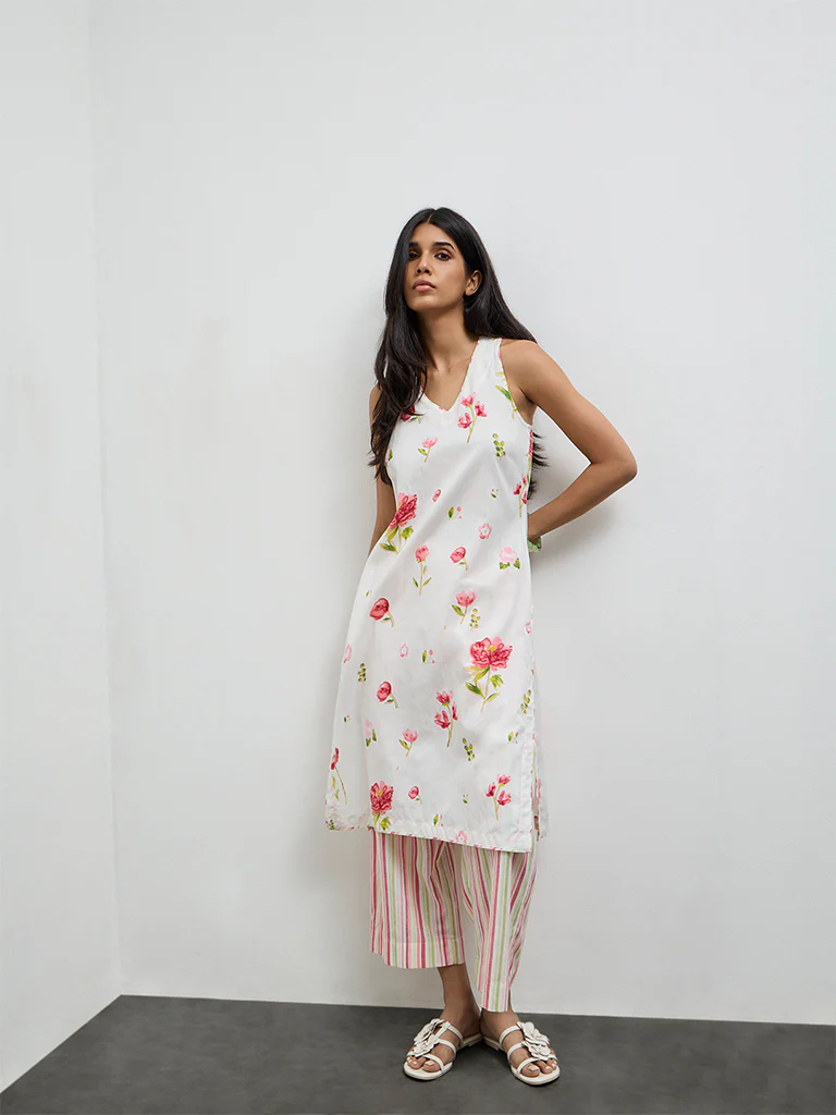 Utsa White Floral Printed Cotton-Blend A-Line Kurta - Image 2